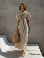 Women's Beige Linen Maxi Dress With Statement Neck Bow & Puff Sleeves, Timeless Feminine-Elegant Style Dress MDZ1316D0LYL