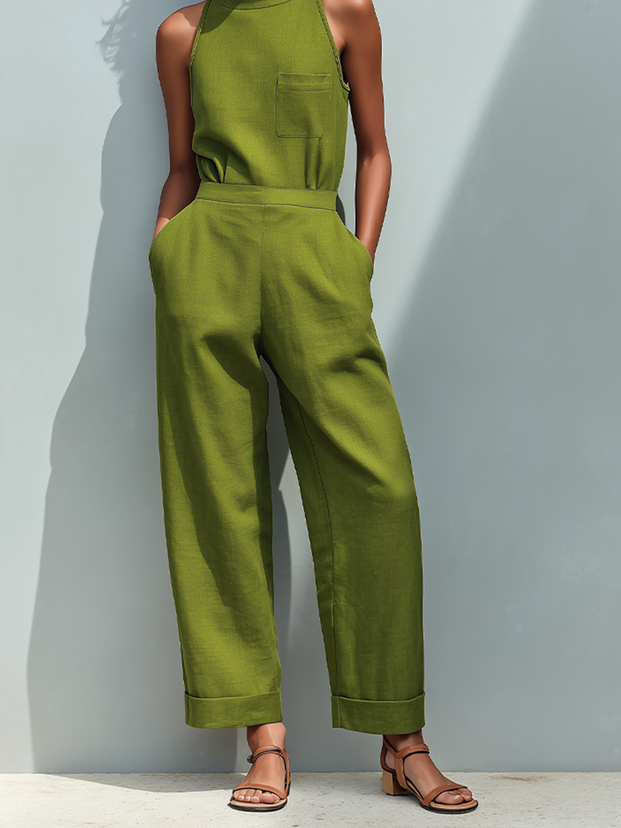 Olive Linen Front Pocket Rolled Cuff Jumpsuit