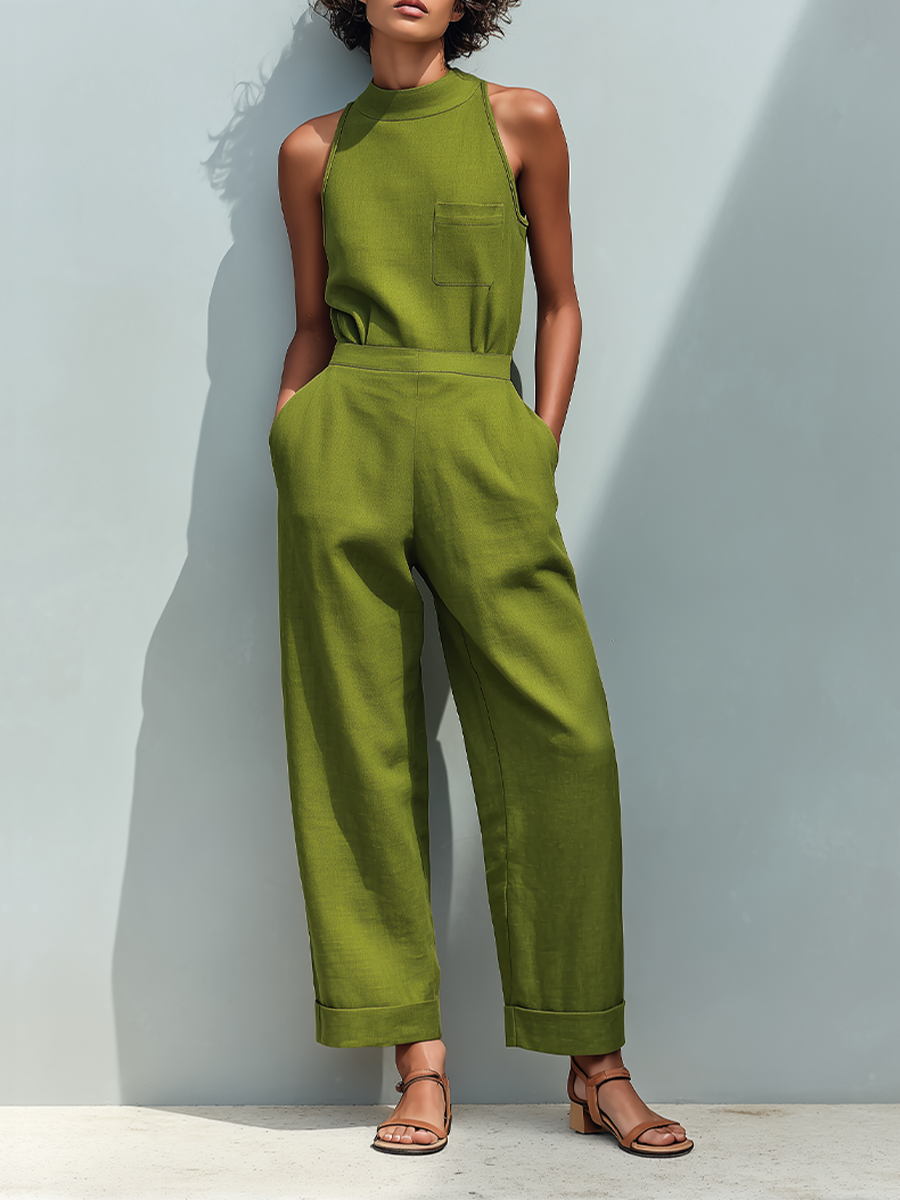 Olive Linen Front Pocket Rolled Cuff Jumpsuit