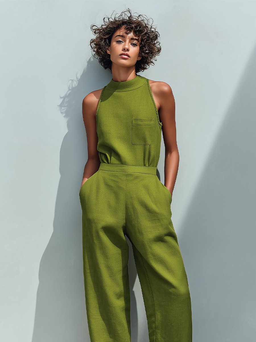 Olive Linen Front Pocket Rolled Cuff Jumpsuit
