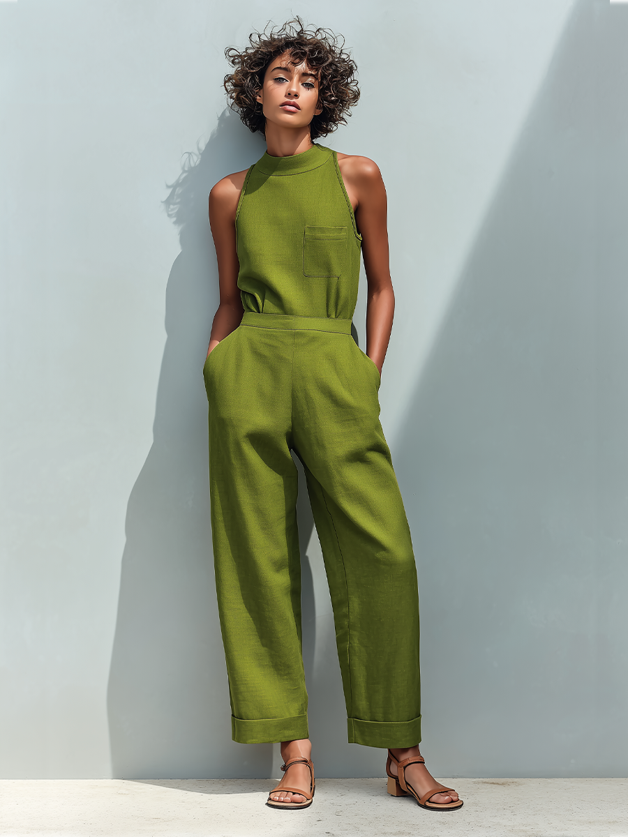 Olive Linen Front Pocket Rolled Cuff Jumpsuit