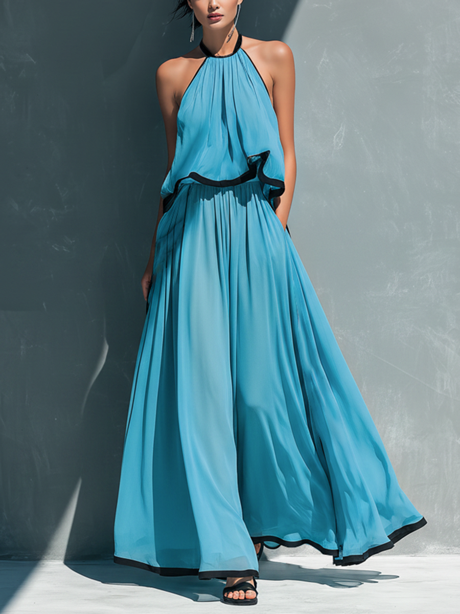 Sky Blue Chiffon Halter Ruched Cami Top & Flared Trousers Set