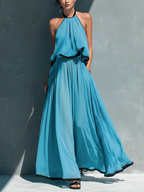Sky Blue Chiffon Halter Ruched Cami Top & Flared Trousers Set