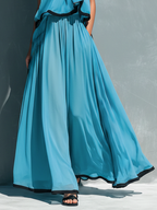 Sky Blue Chiffon Halter Ruched Cami Top & Flared Trousers Set
