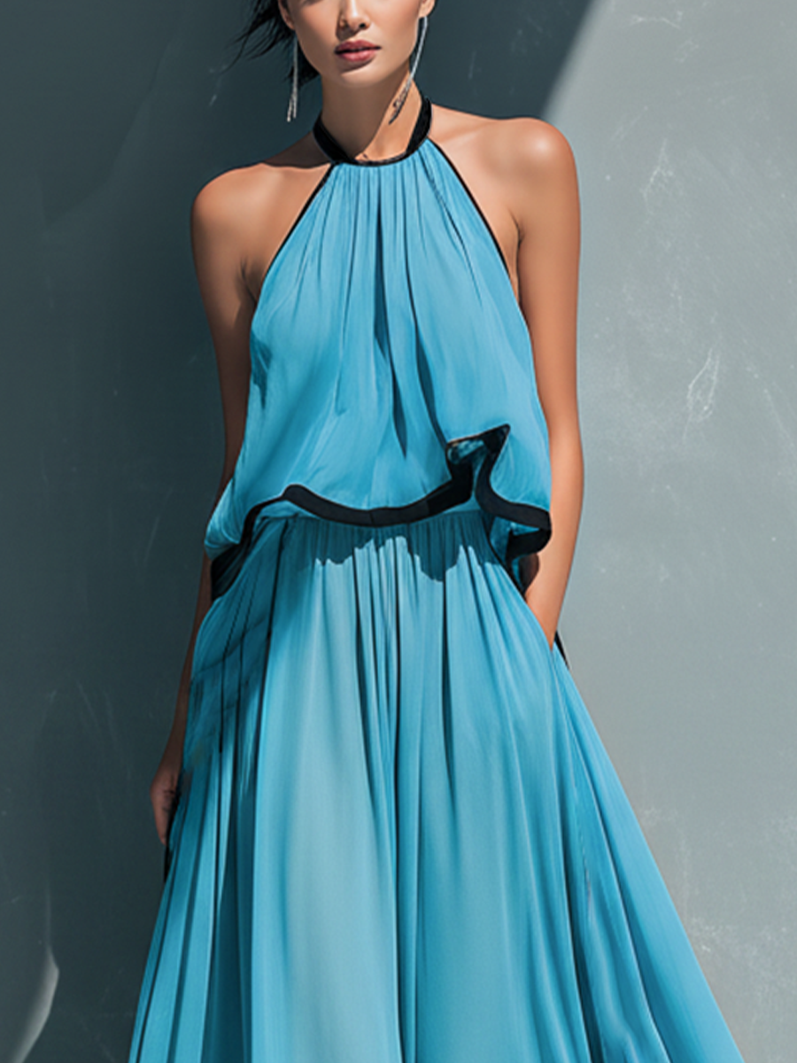 Sky Blue Chiffon Halter Ruched Cami Top & Flared Trousers Set