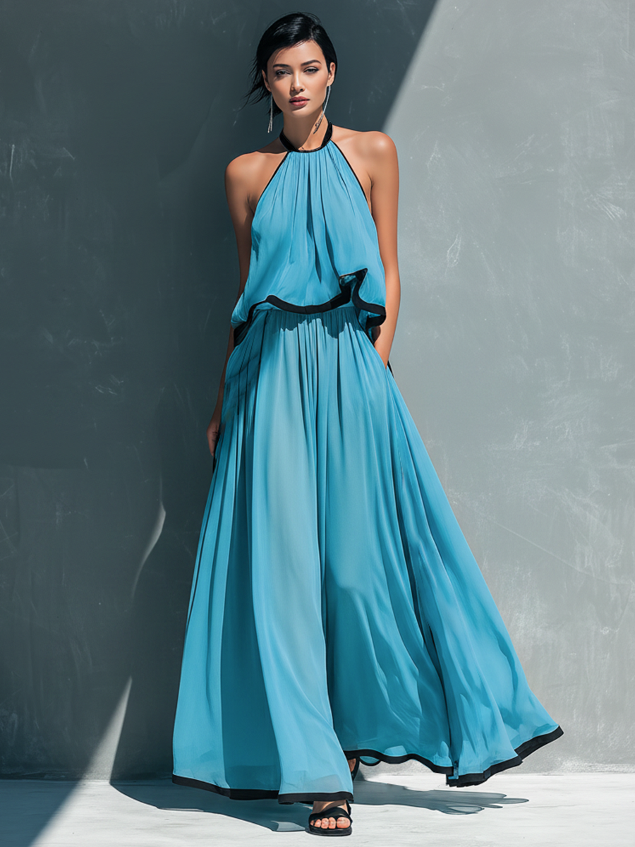 Sky Blue Chiffon Halter Ruched Cami Top & Flared Trousers Set