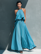 Sky Blue Chiffon Halter Ruched Cami Top & Flared Trousers Set