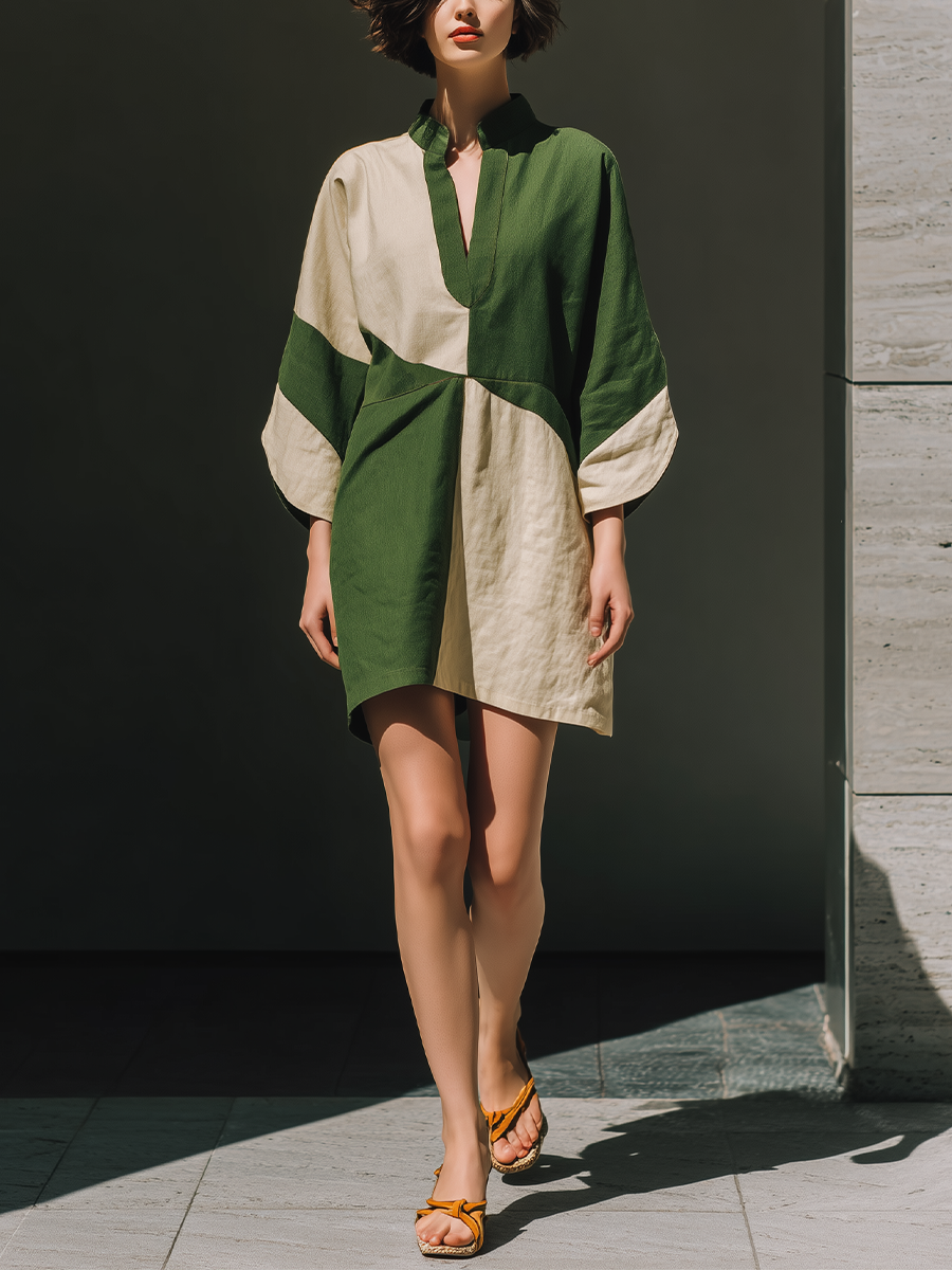 Green & Beige Colorblock Batwing Sleeve Mini Dress