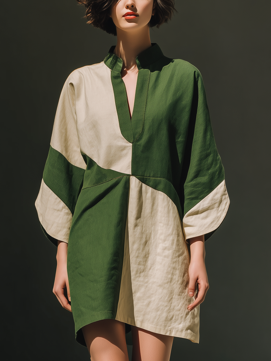 Green & Beige Colorblock Batwing Sleeve Mini Dress