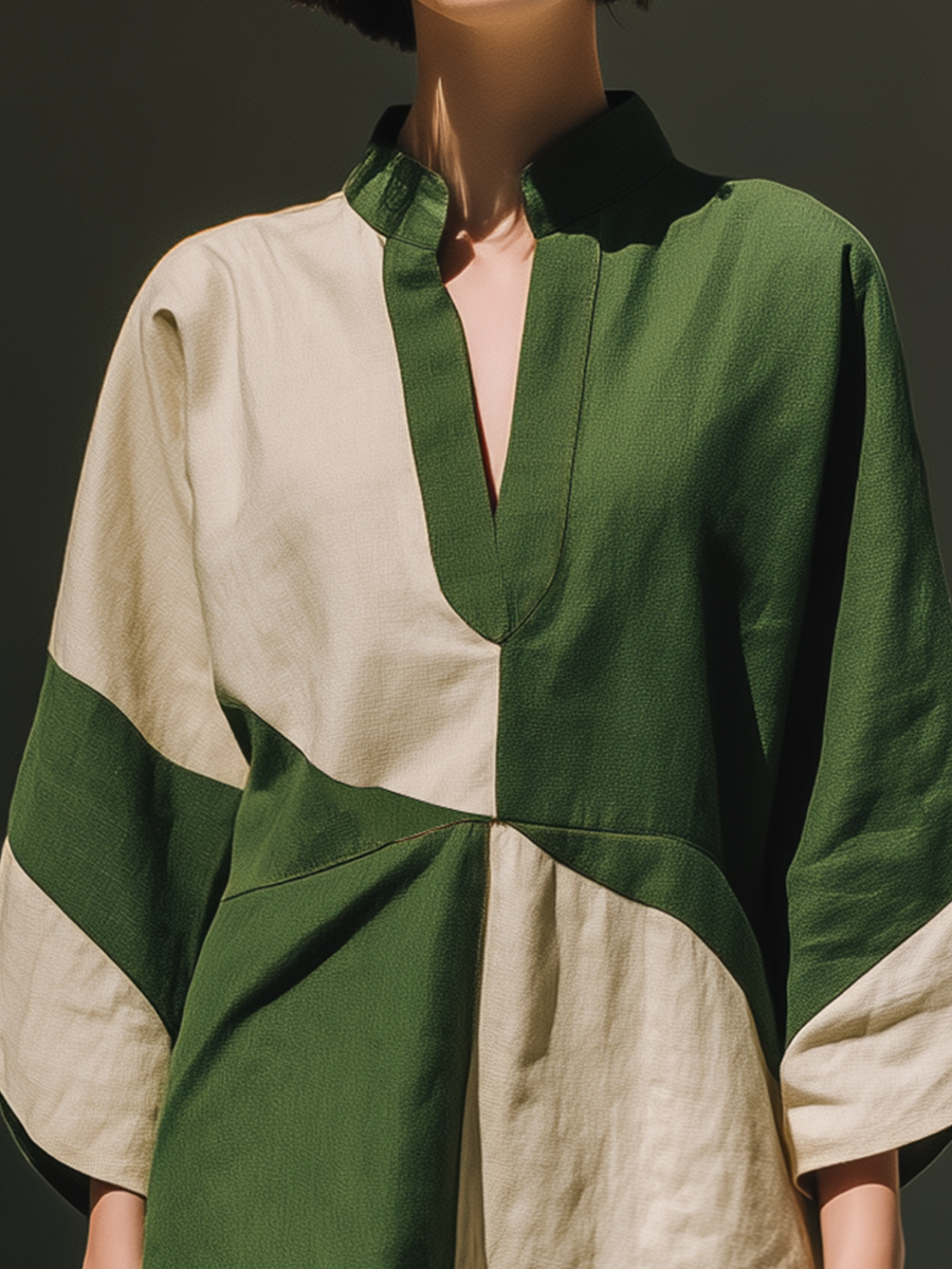 Green & Beige Colorblock Batwing Sleeve Mini Dress
