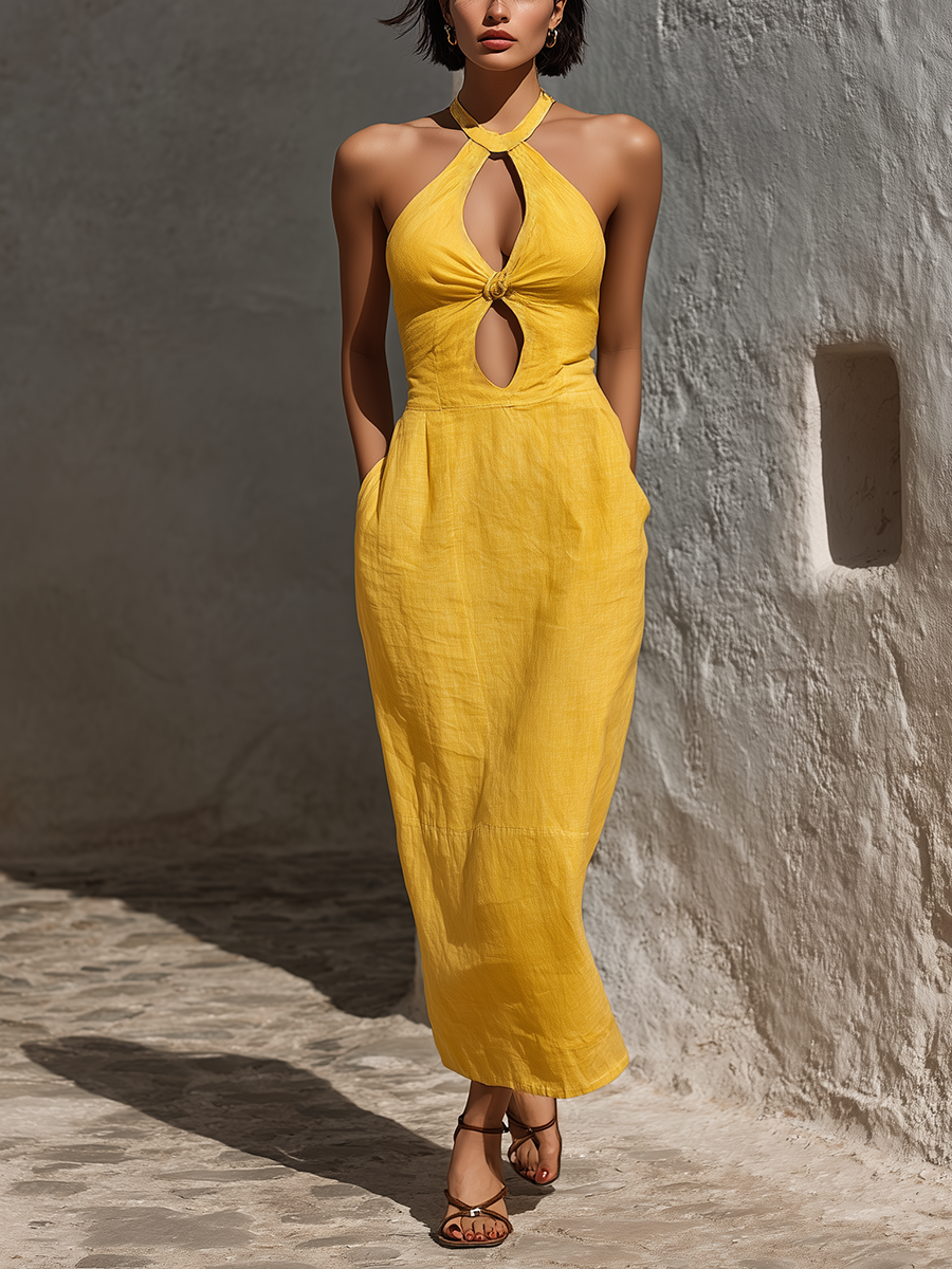 Mustard Halter Keyhole Twist Front Midi Dress