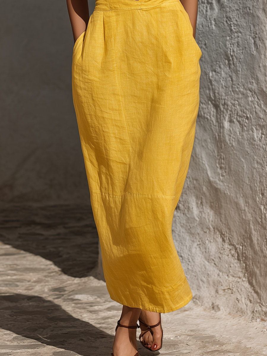 Mustard Halter Keyhole Twist Front Midi Dress
