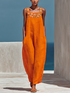 Orange Linen Floral Embroidered Wide-Leg Jumpsuit