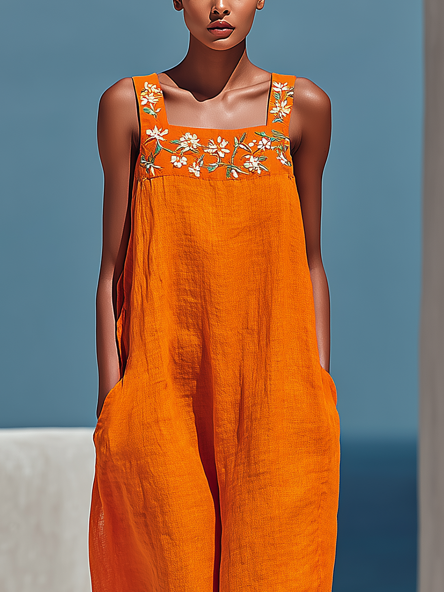 Orange Linen Floral Embroidered Wide-Leg Jumpsuit