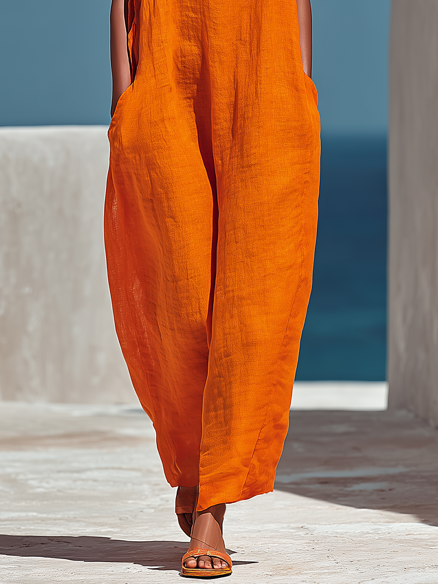 Orange Linen Floral Embroidered Wide-Leg Jumpsuit