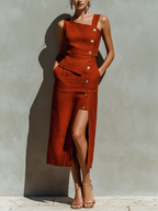 Women's Rust Linen Two-Piece Set With Asymmetric One-Shoulder Top & Button-Down Midi Skirt, Timeless Minimalist-Chic Style Set MDZ1315D6LYL