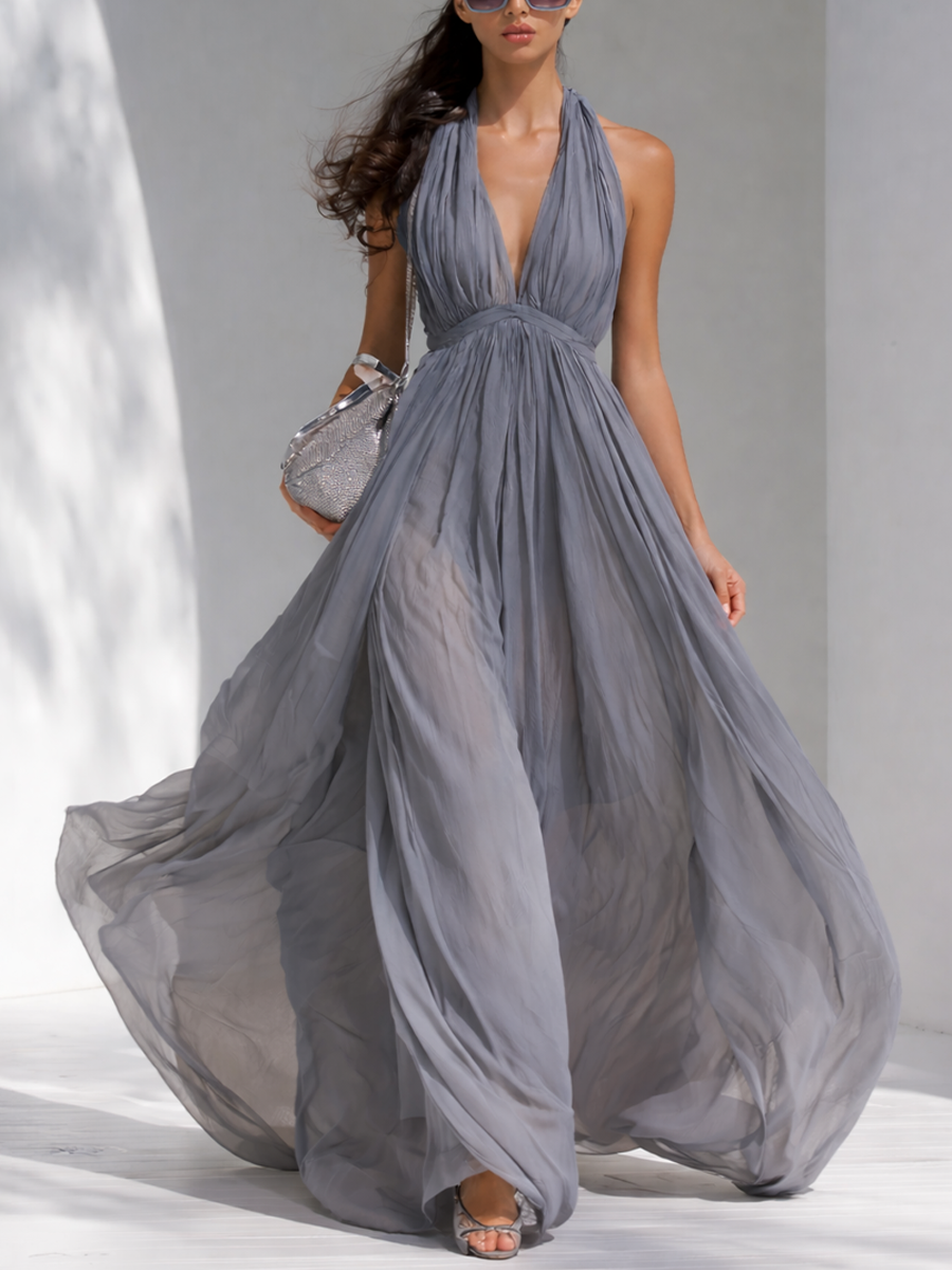 Grey Chiffon Halter V-Neck Flowy Long Dress