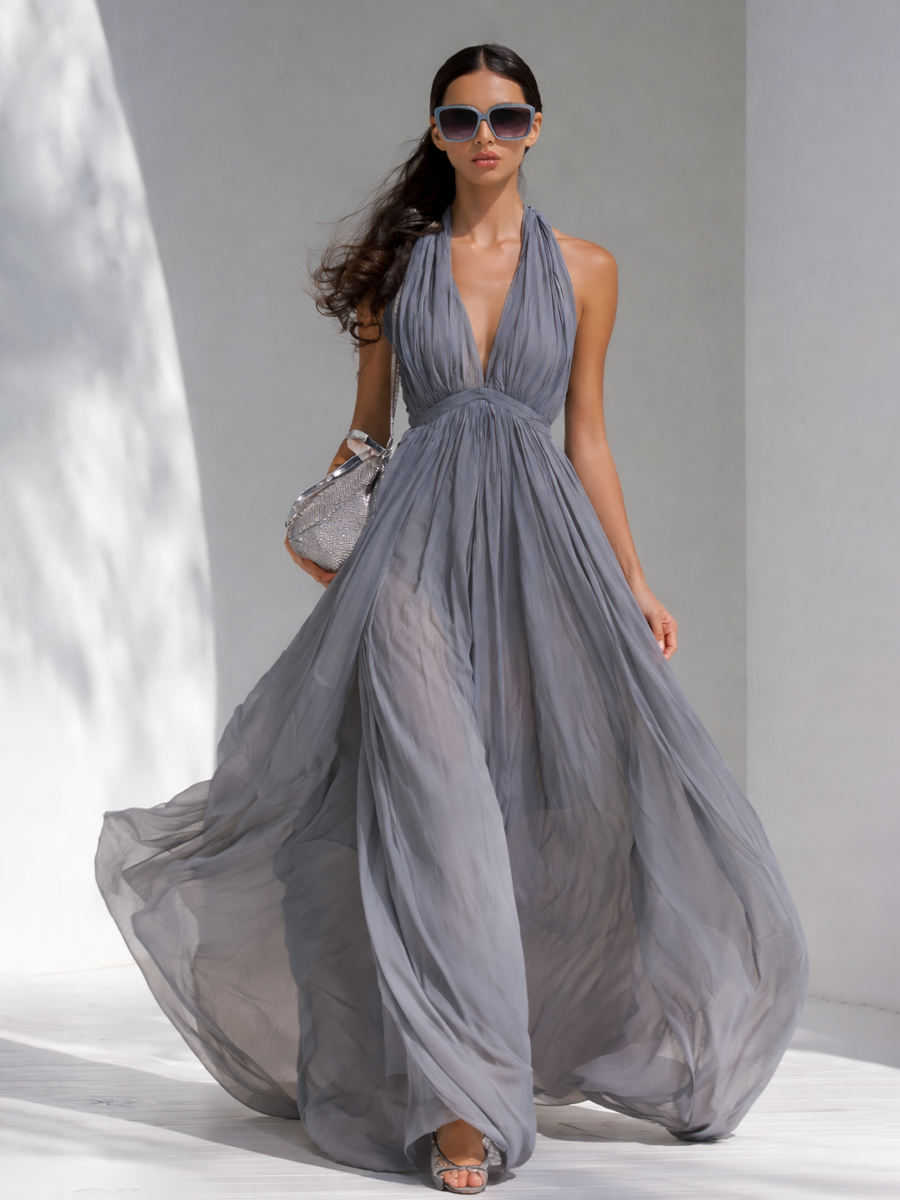Grey Chiffon Halter V-Neck Flowy Long Dress