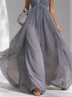 Grey Chiffon Halter V-Neck Flowy Long Dress