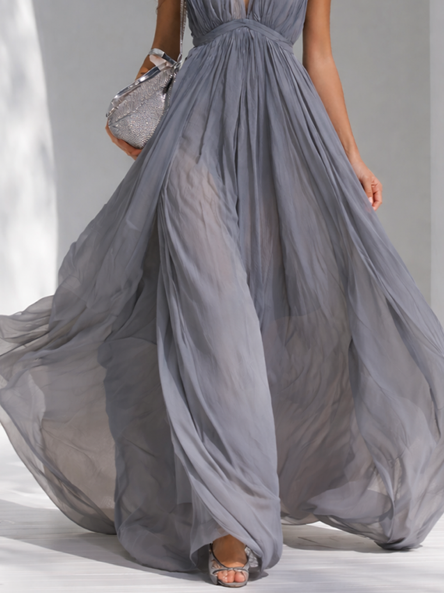 Grey Chiffon Halter V-Neck Flowy Long Dress