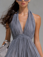 Grey Chiffon Halter V-Neck Flowy Long Dress