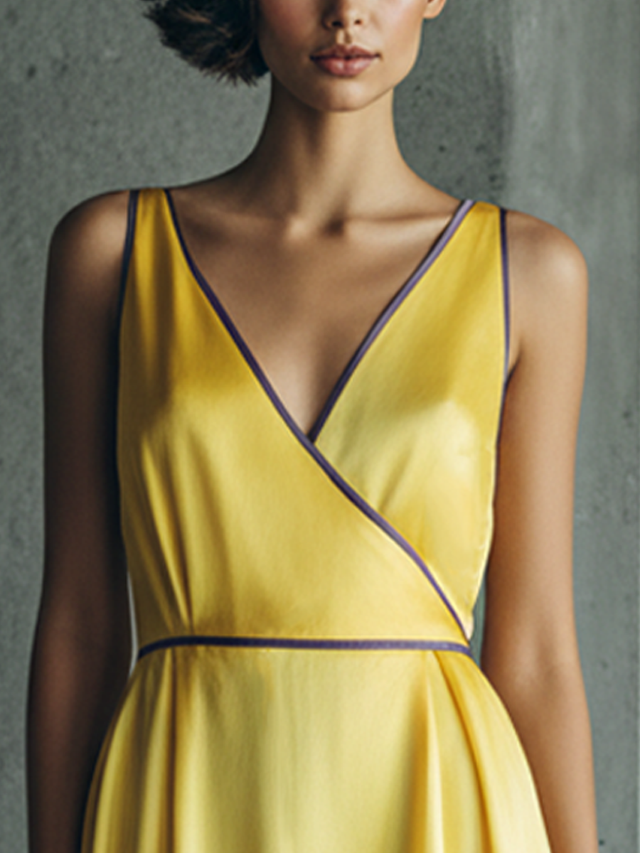Yellow Satin Purple-Piping V-Neck Midi Dress