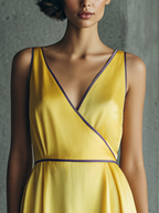 Yellow Satin Purple-Piping V-Neck Midi Dress