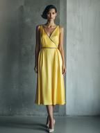 Yellow Satin Purple-Piping V-Neck Midi Dress