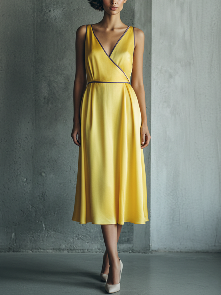 Yellow Satin Purple-Piping V-Neck Midi Dress