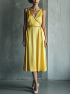Yellow Satin Purple-Piping V-Neck Midi Dress