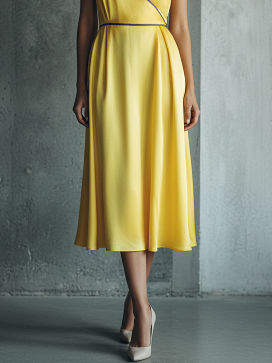 Yellow Satin Purple-Piping V-Neck Midi Dress