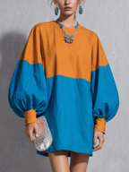 Orange & Blue Color-Block Lantern Sleeve Mini Dress