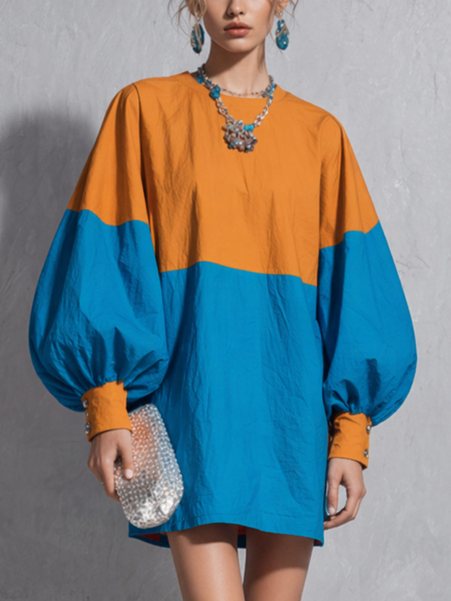 Orange & Blue Color-Block Lantern Sleeve Mini Dress