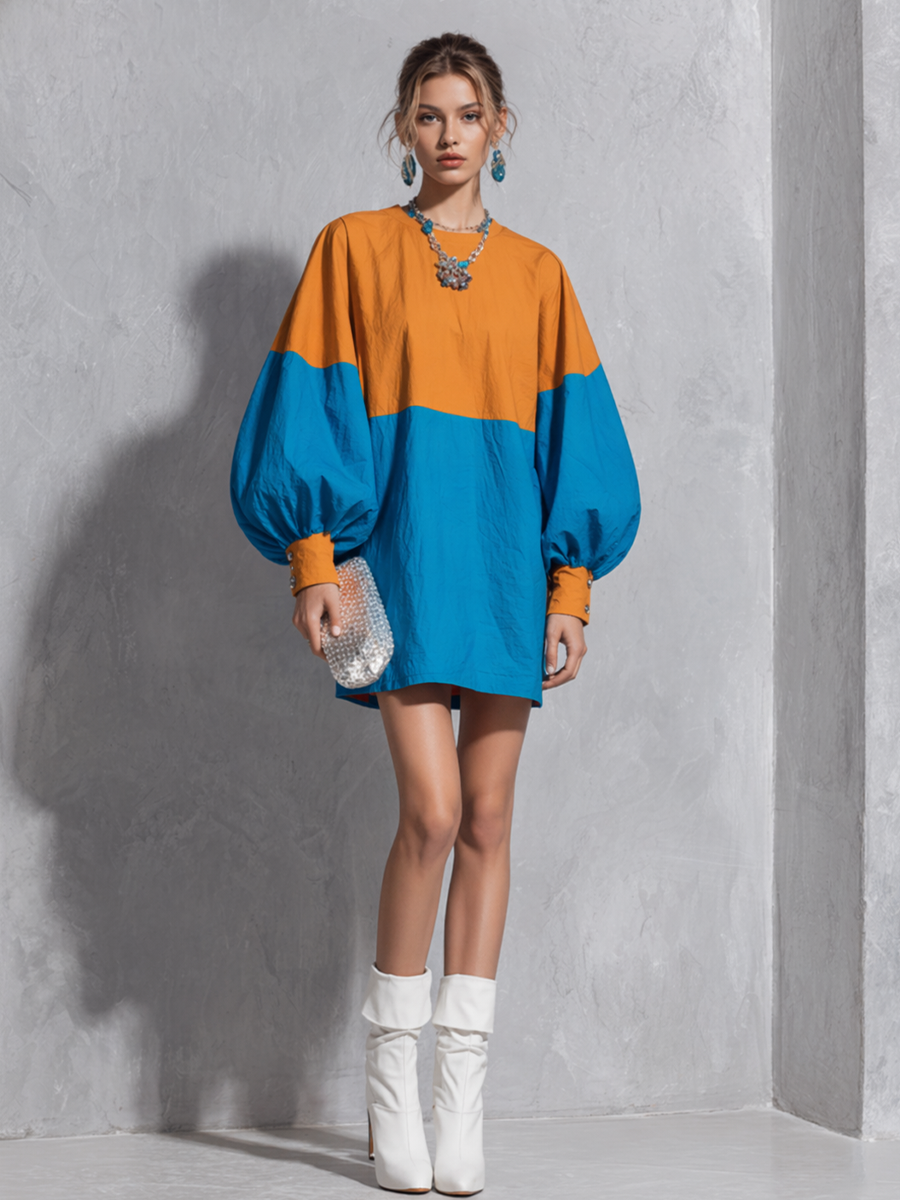 Orange & Blue Color-Block Lantern Sleeve Mini Dress