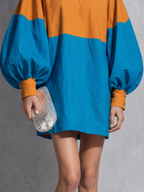 Orange & Blue Color-Block Lantern Sleeve Mini Dress
