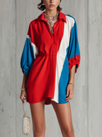 Women's Fashionable Red, Blue And White Cotton Blend Color-blocked Patchwork Collared Waist-cinching Short-sleeved Mini Dress MDZ1321D1GMJ