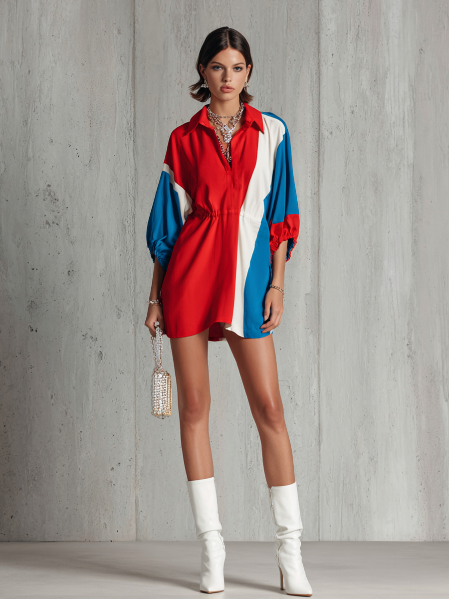 Women's Fashionable Red, Blue And White Cotton Blend Color-blocked Patchwork Collared Waist-cinching Short-sleeved Mini Dress MDZ1321D1GMJ