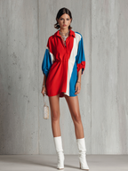 Women's Fashionable Red, Blue And White Cotton Blend Color-blocked Patchwork Collared Waist-cinching Short-sleeved Mini Dress MDZ1321D1GMJ