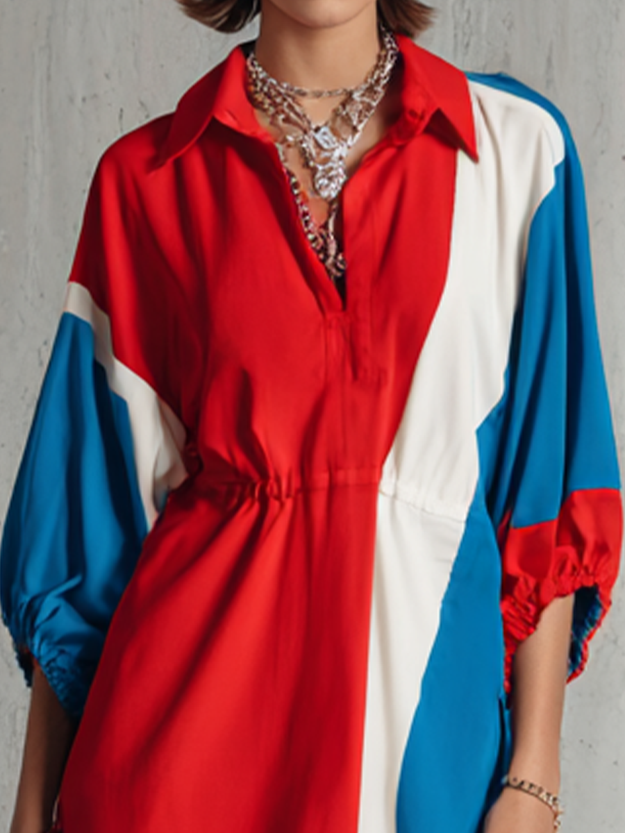 Women's Fashionable Red, Blue And White Cotton Blend Color-blocked Patchwork Collared Waist-cinching Short-sleeved Mini Dress MDZ1321D1GMJ