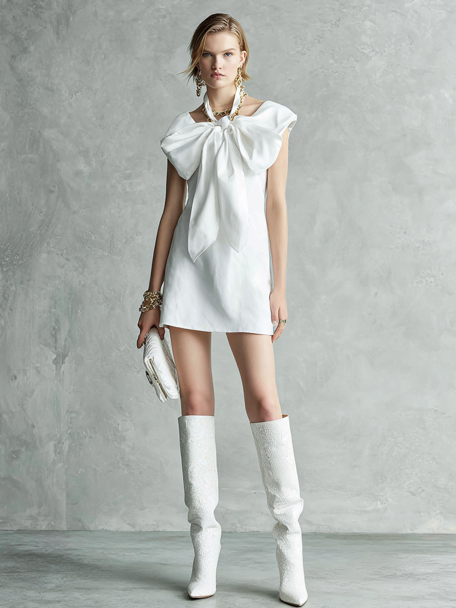 White Bow-Detail Mini Dress