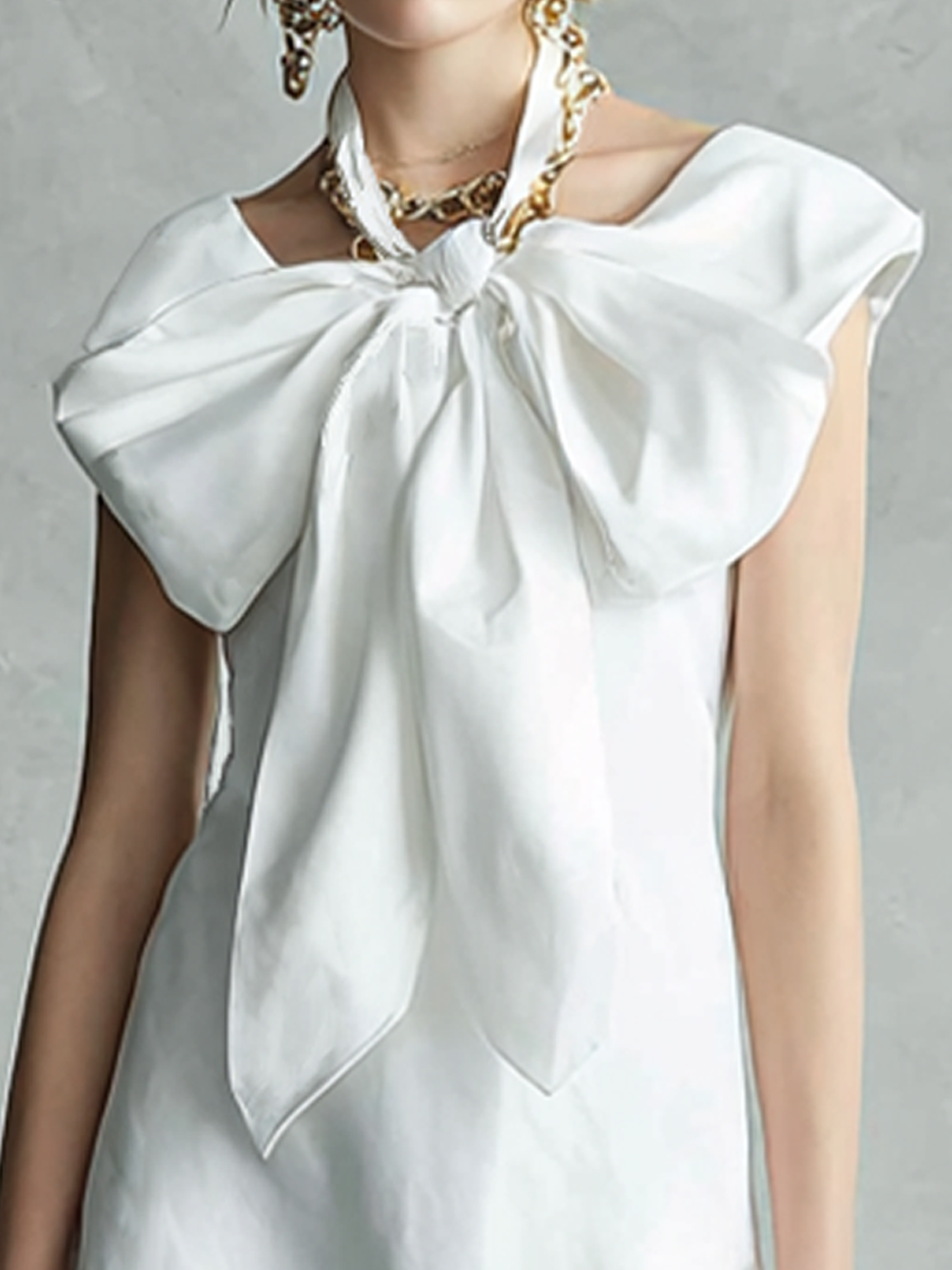 White Bow-Detail Mini Dress