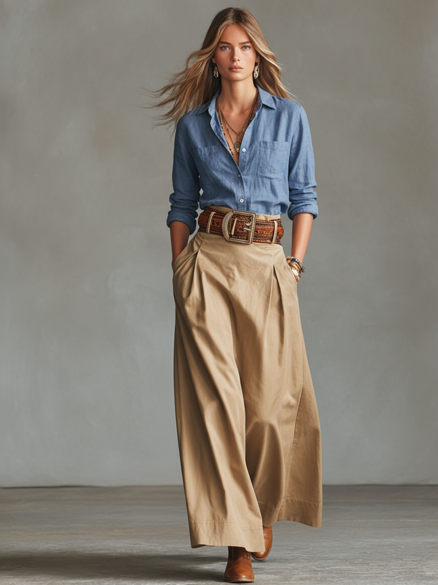Blue Cotton Linen Collared Shirt Top