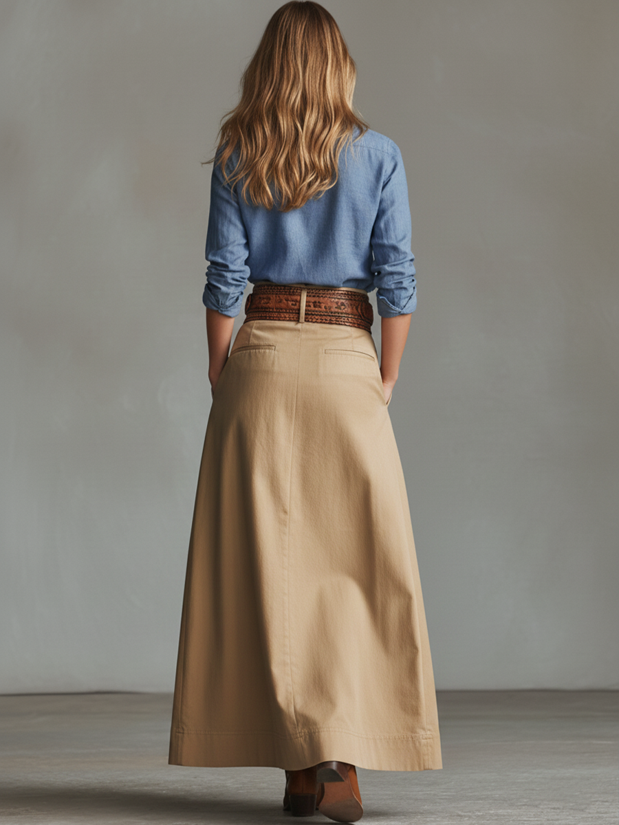 Khaki Cotton Blend A-Line Long Skirt