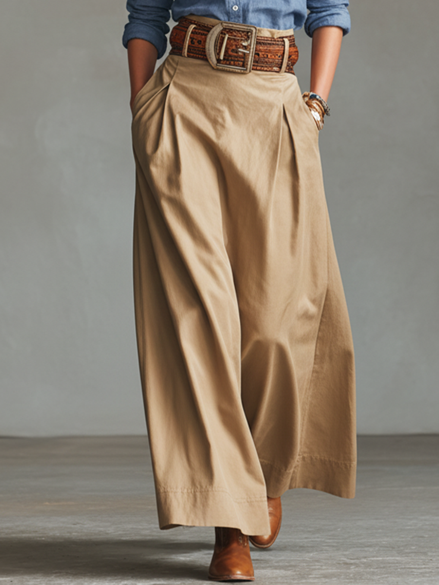 Khaki Cotton Blend A-Line Long Skirt