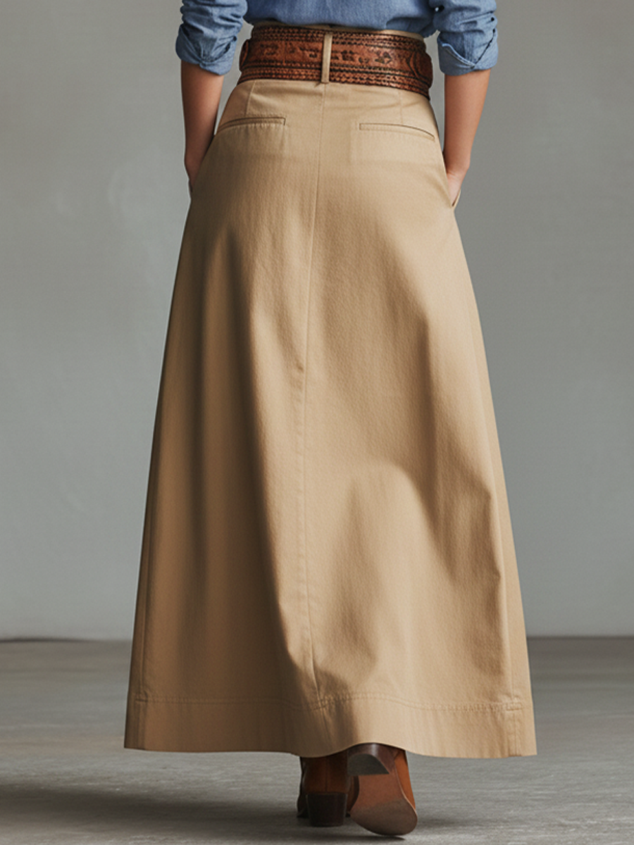 Khaki Cotton Blend A-Line Long Skirt