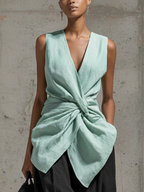 Mint Green Cotton Linen V-Neck Knotted Top