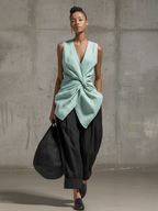 Mint Green Cotton Linen V-Neck Knotted Top