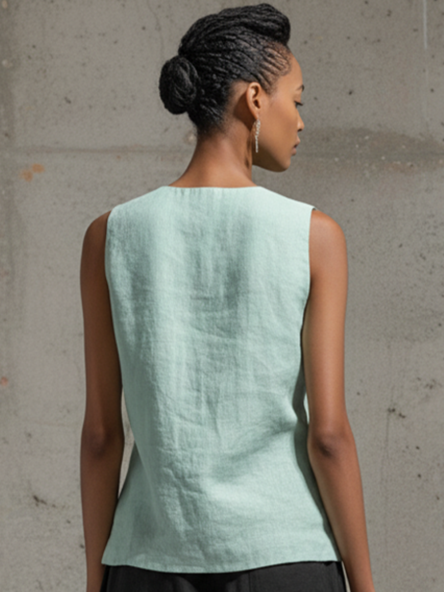 Mint Green Cotton Linen V-Neck Knotted Top