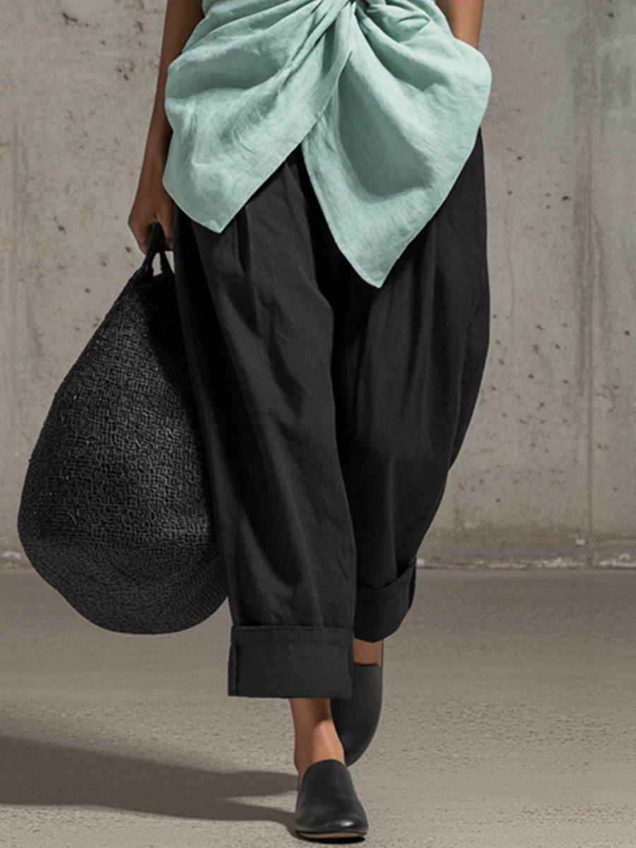 Black Cotton Linen Carrot Wide-Leg Trousers
