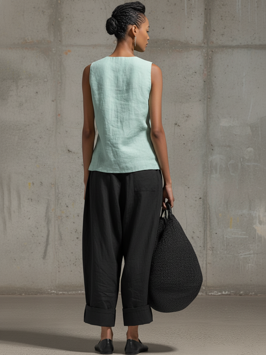 Black Cotton Linen Carrot Wide-Leg Trousers
